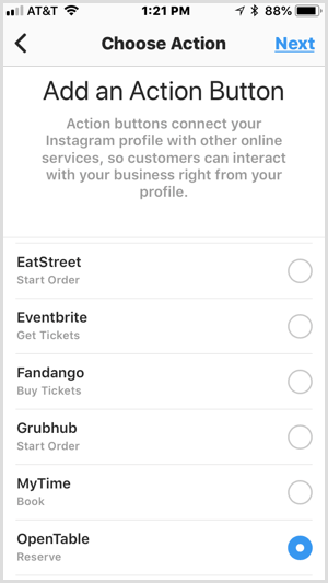 Instagram Lisage kolmandate osapoolte teenuste jaoks toimingunupu ekraan
