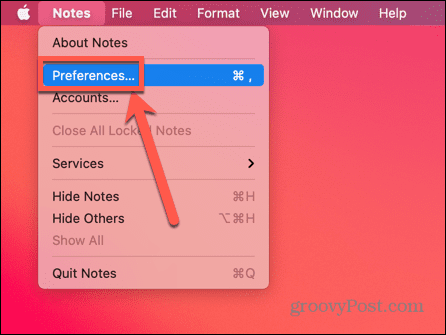 valige Maci rakenduses Notes Eelistused