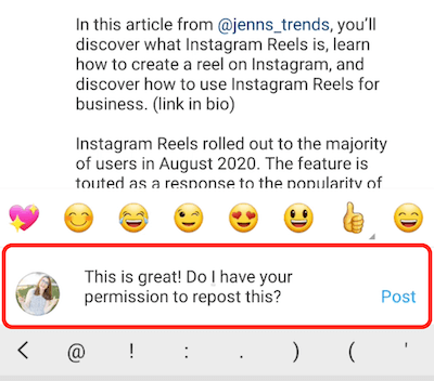 instagram postitus näide kommentaarivastus komplimentide tegemiseks ja sisu uuesti postitamiseks luba küsimas