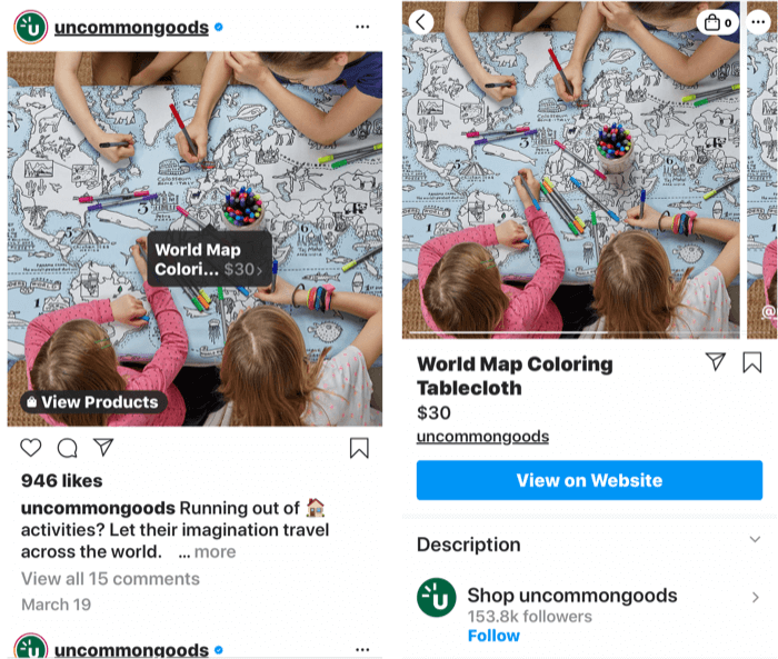 ekraanipildid, kus kuvatakse nii ostetavale tootepostitusele lisatud instagrami silt kui ka toote poeleht, kui postitussilt on valitud