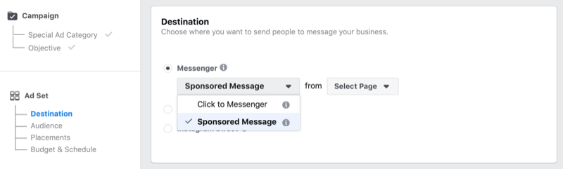 Facebooki spondeeritud sõnumi valik Facebooki reklaamihalduris