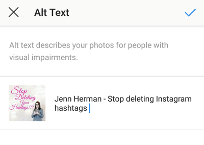 Alt-teksti lisamine Instagrami postitustele, 7. samm, Alt-teksti muudatuste salvestamise võimalus