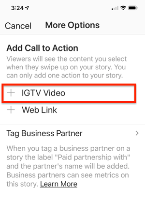 Võimalus valida oma Instagrami loole lisamiseks IGTV videolink.