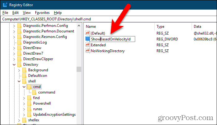 Nimetage väärtus HideBasedOnVelocityId ümber Windowsi registriredaktoris väärtuseks ShowBasedOnVelocityId