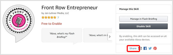 Klõpsake Alexa oskuste poes oma oskuste linki Jaga.