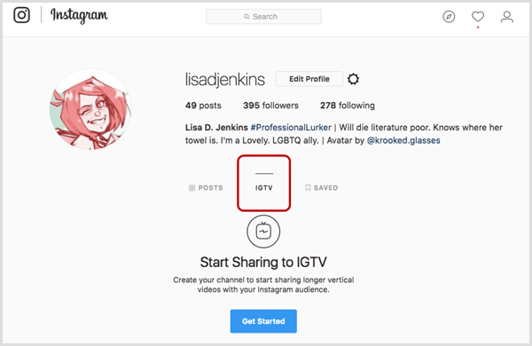 IGTV vahekaart Instagrami profiilis.