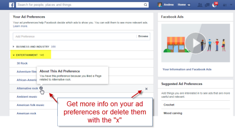 kustuta facebooki reklaamieelistuste kategooriad