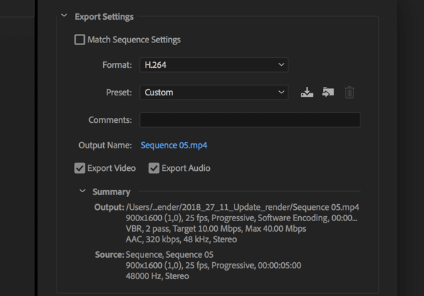 Adobe Premier Pro video eksportimise seade, mille vorminguks on määratud H.264.