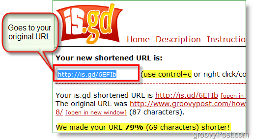 is.gd url shortener ekraanipilt - kopeerige uus lühike URL