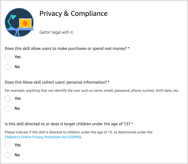 Vastake oma Alexa oskuste privaatsuse ja nõuetele vastavuse küsimustele.