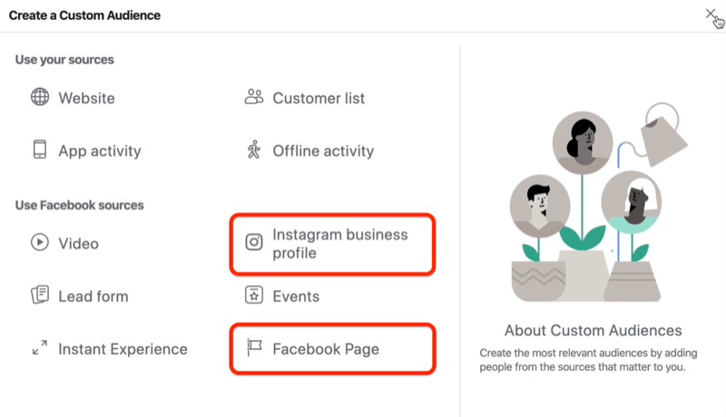 ekraanipilt aknast Loo kohandatud vaatajaskond koos punasega ringitatud Instagrami ettevõtte profiili ja Facebooki lehe valikutega