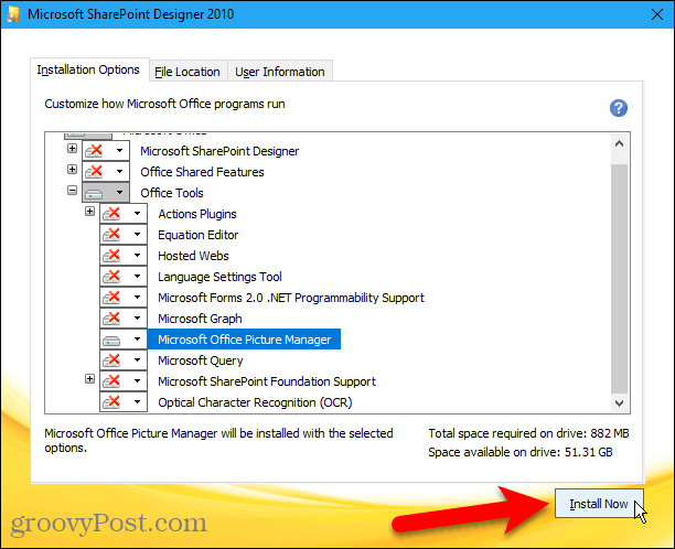 Microsoft Office Picture Manager installimiseks saidilt Sharepoint Designer 2010 klõpsake nuppu Install Now