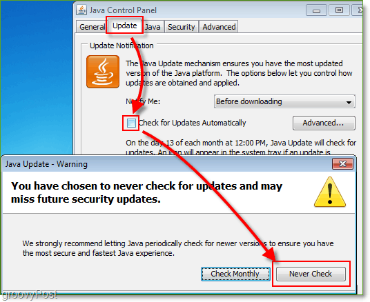 Ekraanipilt: Windows 7 keelake Java värskenduste kontroll