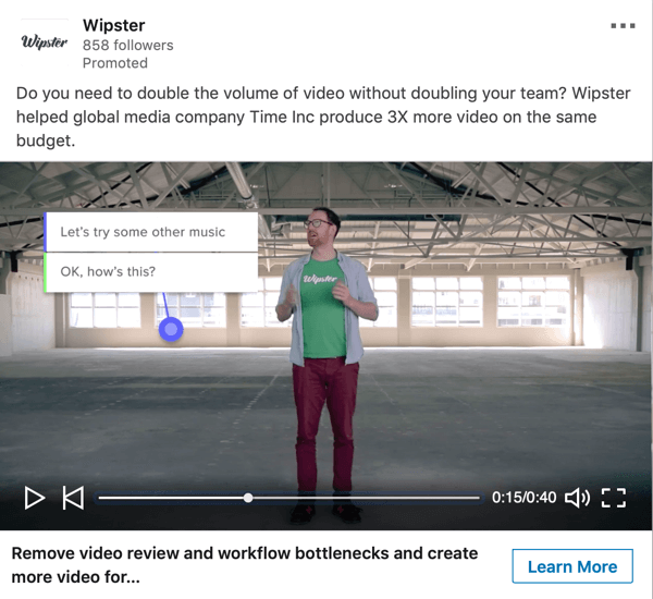 Wipsteri sponsoreeritud videoreklaami näidise loomine LinkedIni eesmärkidel põhinevate reklaamide loomiseks