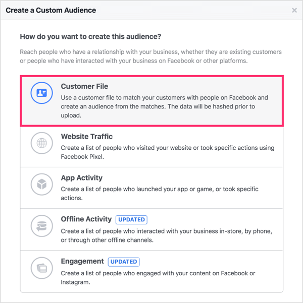Valige teie loodava Facebooki kohandatud vaatajaskonna aluseks Kliendifail.