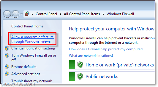 programmi või funktsiooni lubamine Windows 7 tulemüüri kaudu