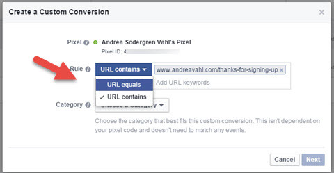 facebooki kohandatud konversioonide URL-i reegel