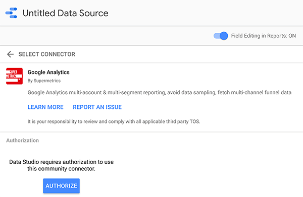 Andmeallika ühendamine Google Data Studio'ga, näpunäide 2