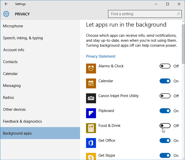Lülitage taustrakendused välja Windows 10