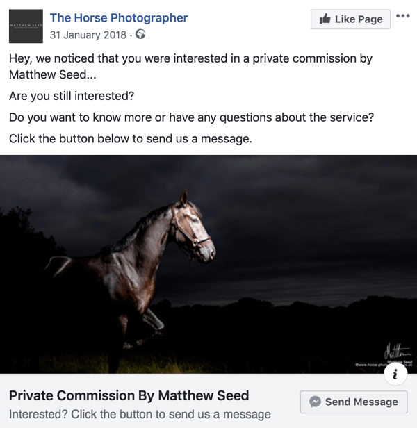Kuidas teisendada veebisaidi külastajaid Facebook Messengeri reklaamidega, samm 3, postitage näide The Horse Photographerilt