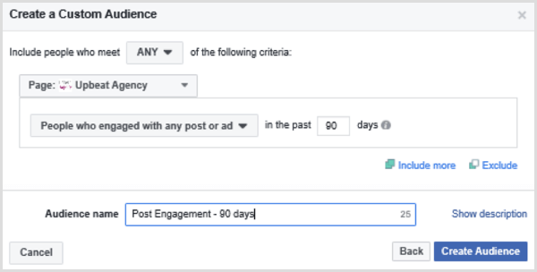 Valige Facebooki kohandatud vaatajaskonna seadistamise võimalused nende inimeste põhjal, kes on viimase 90 päeva jooksul mõne postituse või reklaamiga tegelenud