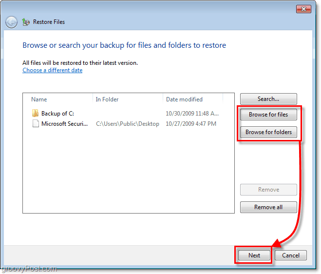Windows 7 varundus - valige failid või kaustad, mida soovite taastada