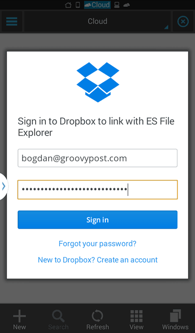ES File Exploreri sisselogimise Dropbox