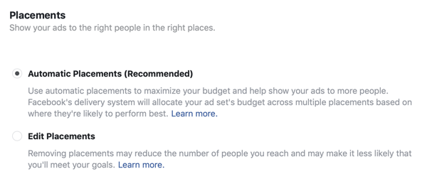 Facebooki juhtivate reklaamikampaaniate paigutusvalikud.