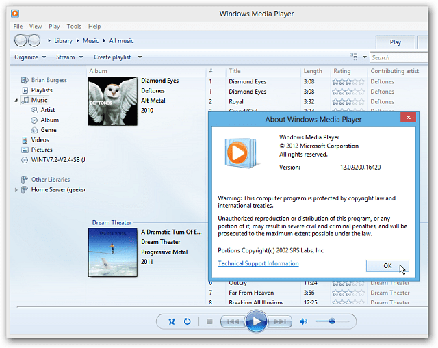 Windows Media Player Windows 8 töölaual