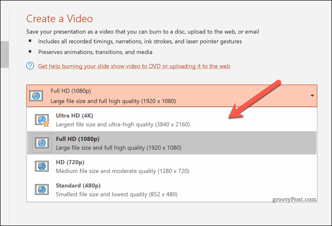 Eksporditud videote kvaliteedi määramine PowerPointis