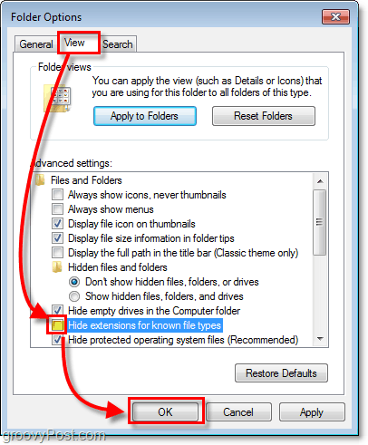 klõpsake dialoogiboksis Windows 7 kausta suvandid vahekaarti Vaade ja eemaldage siis tuntud failitüüpide peitmislaiendite märkeruut
