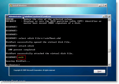 Windows 7 Native VHD-i install Dual Boot Exit CMD Prompt