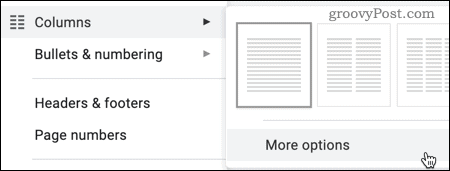 Google Docsi veergude valik Rohkem valikuid