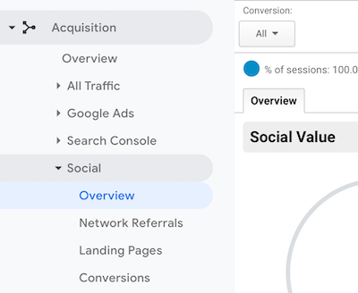 Google Analyticsi navigeerimismenüü, valitud sotsiaalne> ülevaade