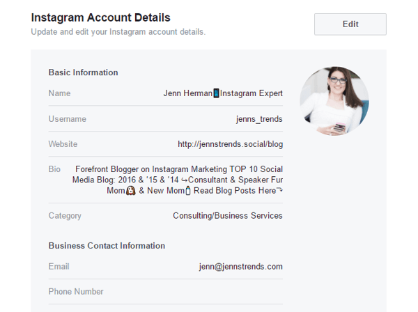 Mõnda Instagrami konto üksikasju saate muuta oma Facebooki lehe seadetes.