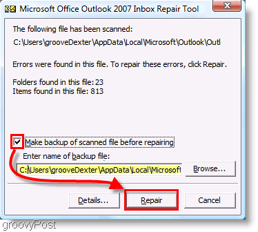 Ekraanipilt - Outlook 2007 ScanPST remondimenüü