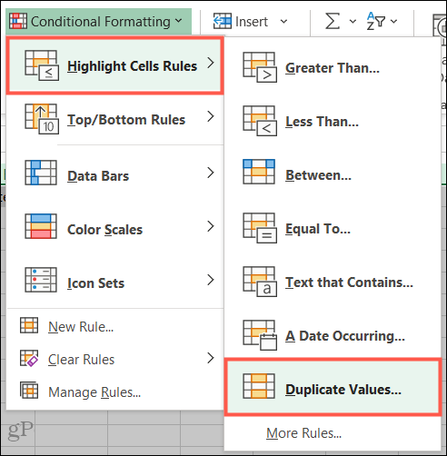 Tõstke Exceli lahtrireeglid, väärtuste duplikaadid esile