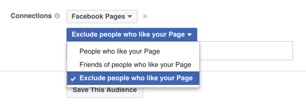 facebooki reklaami sihtimisvõimalus inimeste välistamiseks, kellele leht juba meeldib