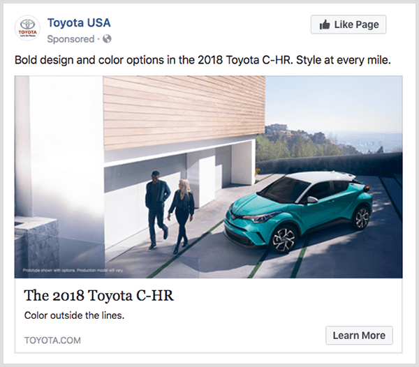 Toyota Facebooki kaasamisreklaamis on türkiissinine Toyota C-HR ja sellel on nuppu Lisateave.