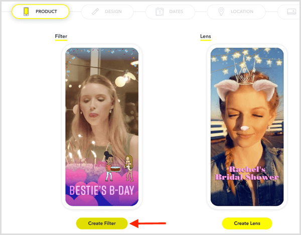 Sündmuse jaoks Snapchati geofiltri seadistamiseks klõpsake nuppu Loo filter.