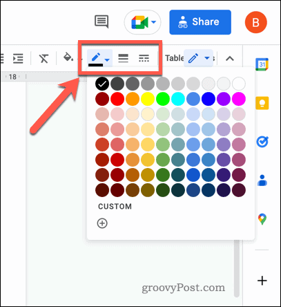 Google Docsi tabeli ääriste tööriistariba ikoonid