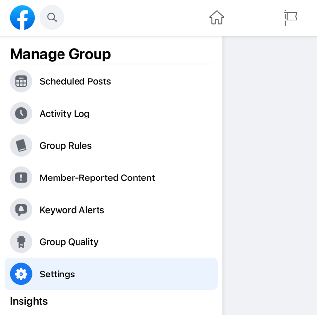 ekraanipilt facebooki grupi haldamise menüüst, kus on esile tõstetud sätete valik