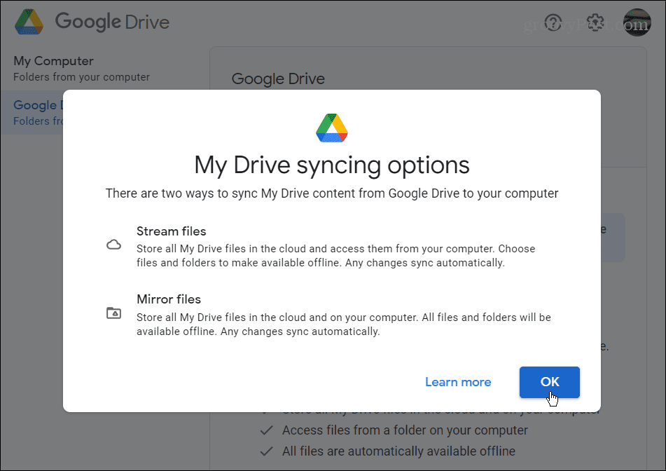 Google Drive'i sünkroonimise seaded
