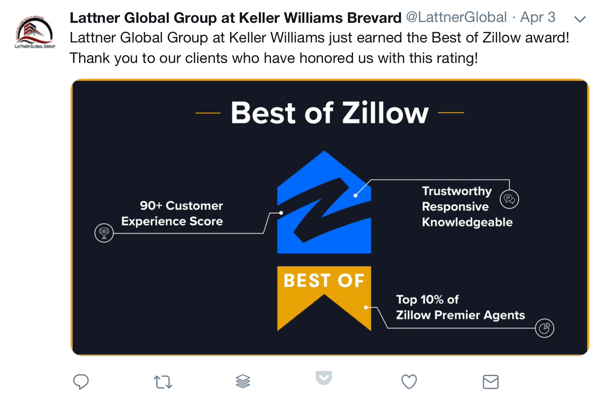 Kuidas kasutada sotsiaalset tõendit oma turunduses, näite auhind ja sotsiaalne tänu klientidele, Lattner Global Group Keller Williams Brevardis