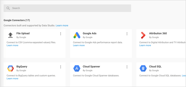 Importige Google Data Studio kolme tüüpi konnektoreid: Google Connectors, Partner Connectors ja Open Source Connectors.