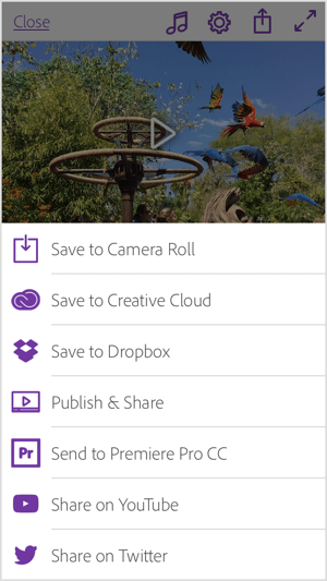 Jagage oma Adobe Premiere Clip videot otse YouTube'i ja Twitteri või salvestage see oma galeriisse või Creative Cloudi