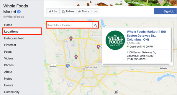 Kui klõpsate Facebooki lehel vahekaarti Asukohad, ilmuvad kaardil üksikud asukohad. 