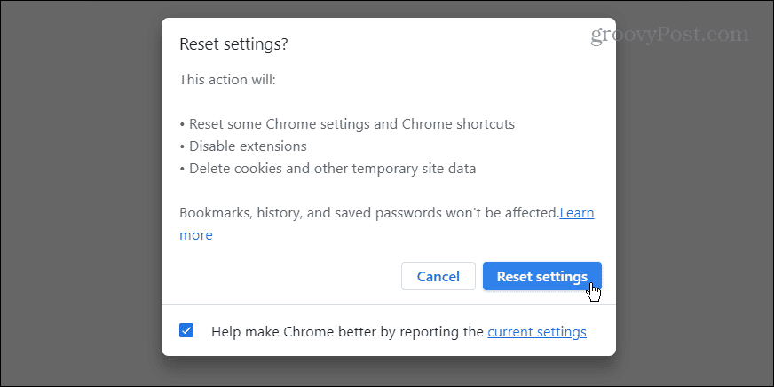 lähtestage Chrome'i seadete toiming