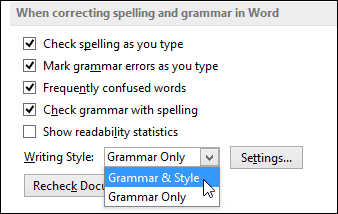 sõna 2013 konfigureerige rippmenüü grammatika ja stiil