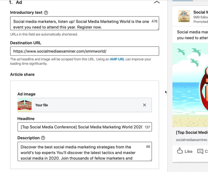 ekraanipilt LinkedIini reklaami sissejuhatava teksti, sihtkoha URL-i, pealkirja ja kirjelduse väljade kohta